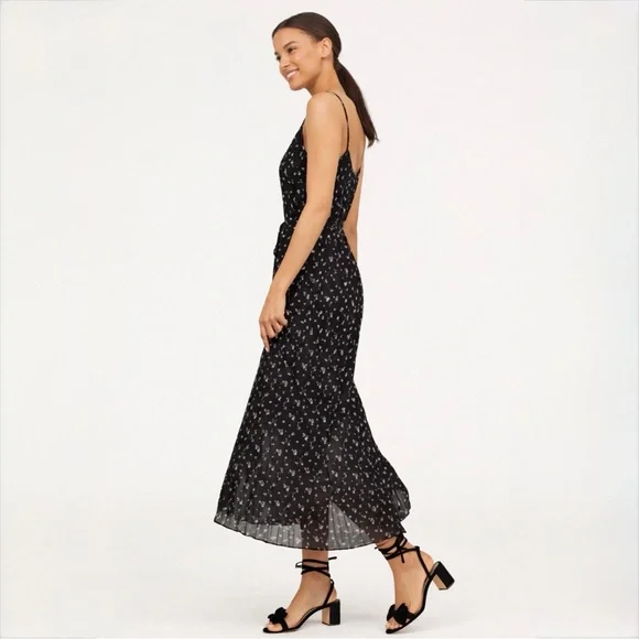 H&M Black Floral Pleated Midi Dress Size XS Spaghetti Strap Lightweight Summer - Picture 1 of 11